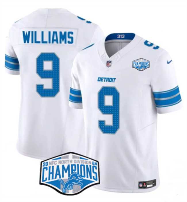 Mens Detroit Lions #9 Jameson Williams White 2024 NFC North Champions F.U.S.E. Vapor Limited Stitched Jersey